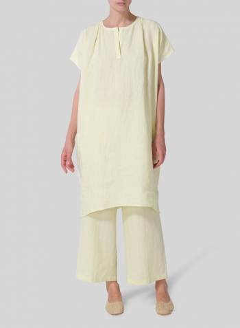 Mist Yellow Linen Straight Cut V-neck Pleated Tunic Set