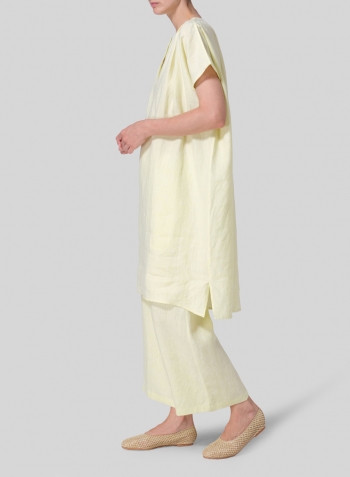 Mist Yellow Linen Straight Cut V-neck Pleated Tunic Set