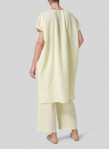 Mist Yellow Linen Straight Cut V-neck Pleated Tunic Set