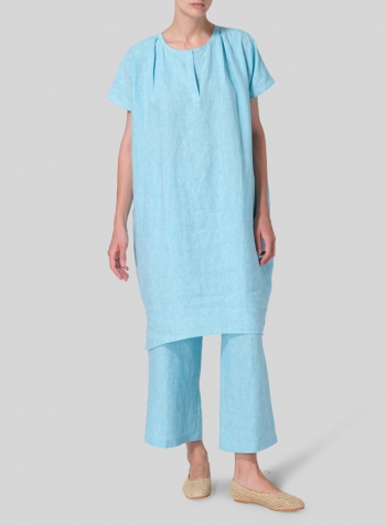 Aqua Blue Linen Straight Cut V-neck Pleated Tunic Set