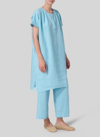 Aqua Blue Linen Straight Cut V-neck Pleated Tunic Set