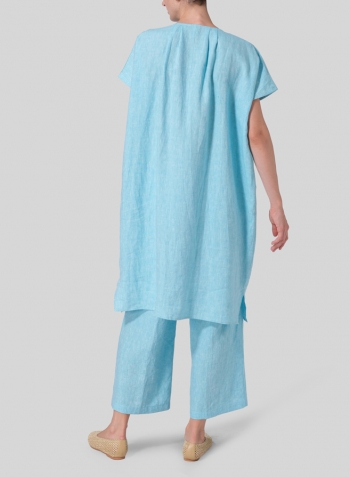 Aqua Blue Linen Straight Cut V-neck Pleated Tunic Set