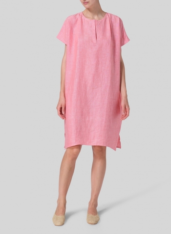 Light Coral Linen Straight Cut V-neck Pleated Tunic