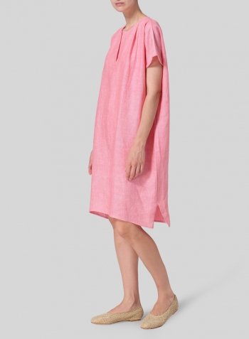 Light Coral Linen Straight Cut V-neck Pleated Tunic