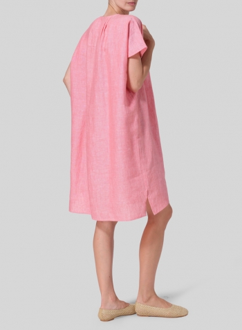 Light Coral Linen Straight Cut V-neck Pleated Tunic