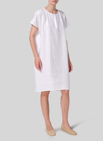 White Linen Straight Cut V-neck Pleated Tunic