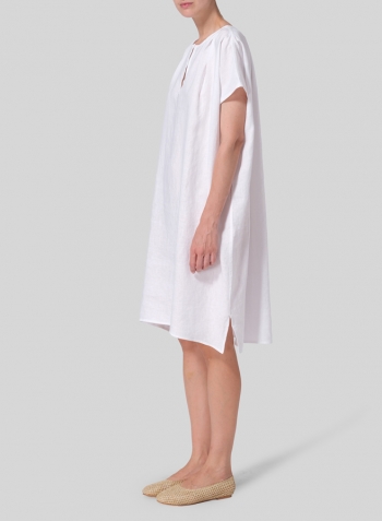 White Linen Straight Cut V-neck Pleated Tunic