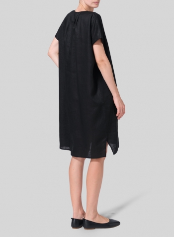 Black Linen Straight Cut V-neck Pleated Tunic