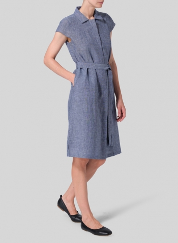 Denim Blue Linen Coat Dress with Tie