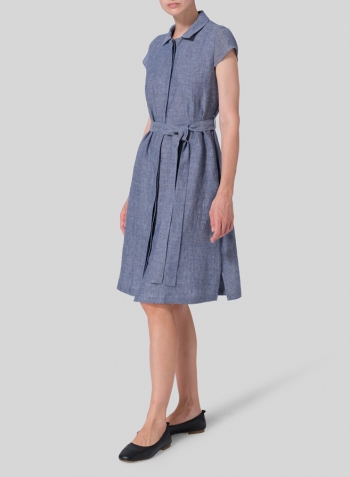 Denim Blue Linen Coat Dress with Tie