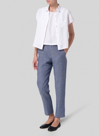 White Linen Short Sleeve Mini-point Collar Shirt
