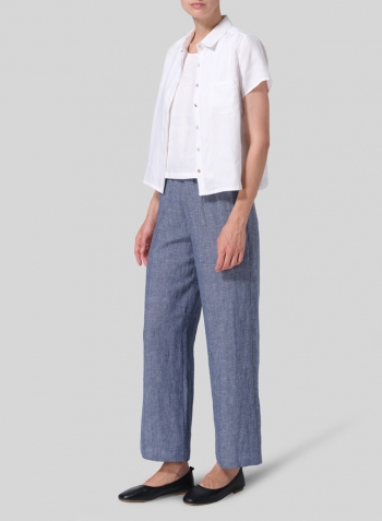 White Linen Short Sleeve Mini-point Collar Shirt Set