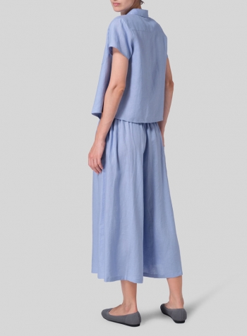 Cerulean Blue Linen Short Sleeve Mini-point Collar Shirt Set