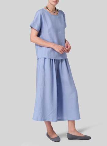 Cerulean Blue Linen Boxy Embroidered Cap Sleeves Top Set