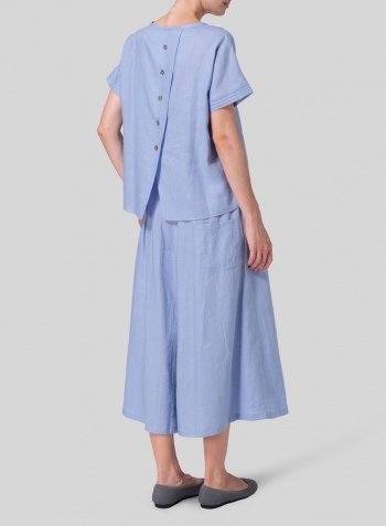 Cerulean Blue Linen Boxy Embroidered Cap Sleeves Top Set