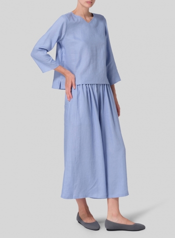 Cerulean Blue Linen Three-quarter Sleeve V-Neck Blouse Set