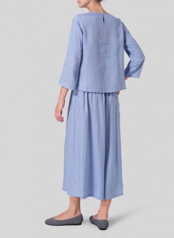 Cerulean Blue Linen Three-quarter Sleeve V-Neck Blouse Set