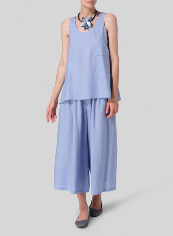 Cerulean Blue Linen A-line Double Pocketed Tank Set
