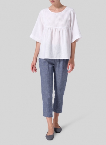 White Linen Hand-Made Pleated Bell Sleeve Blouse