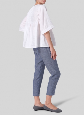 White Linen Hand-Made Pleated Bell Sleeve Blouse