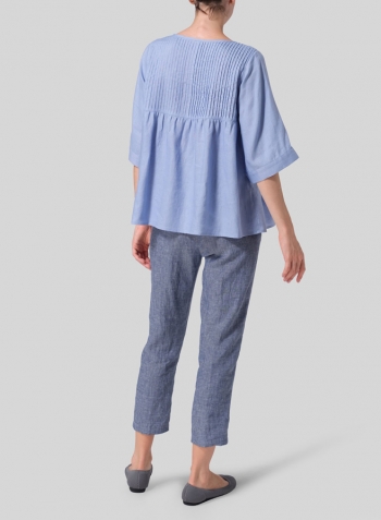 Cerulean Blue Linen Hand-Made Pleated Bell Sleeve Blouse
