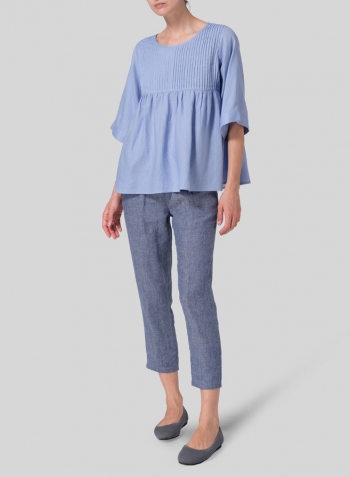 Cerulean Blue Linen Hand-Made Pleated Bell Sleeve Blouse