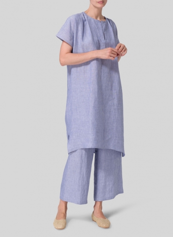 Pale Blue Linen Straight Cut V-neck Pleated Tunic Set