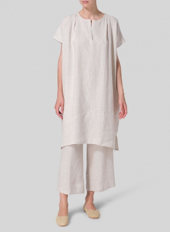 Oat Linen Straight Cut V-neck Pleated Tunic Set