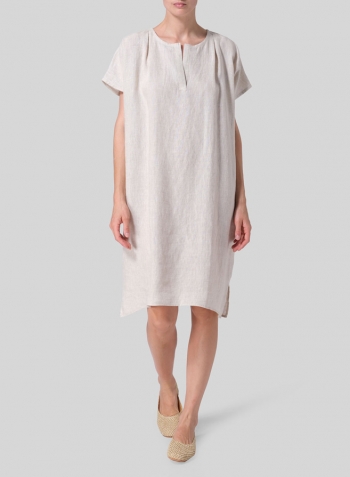 Oat Linen Straight Cut V-neck Pleated Tunic