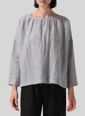 Black Stripe Linen Loose Pleated Crew Neck Blouse