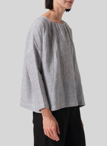 Black Stripe Linen Loose Pleated Crew Neck Blouse