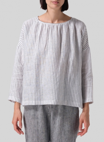 Gray White Stripe Linen Loose Pleated Crew Neck Blouse