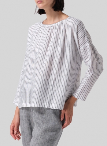 Gray White Stripe Linen Loose Pleated Crew Neck Blouse