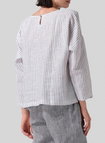 Gray White Stripe Linen Loose Pleated Crew Neck Blouse