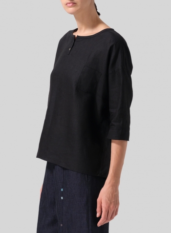 Black Linen Loose Fit Elbow Sleeves Blouse