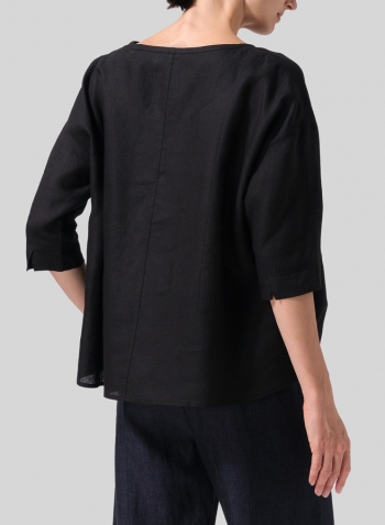 Black Linen Loose Fit Elbow Sleeves Blouse