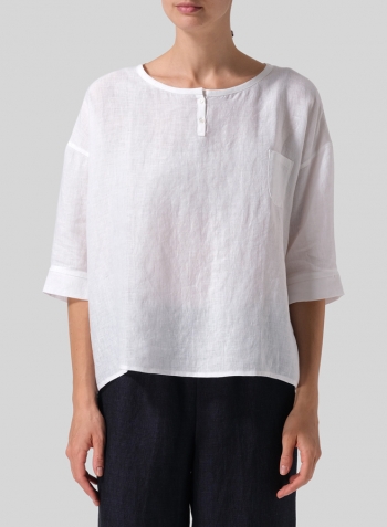 White Linen Loose Fit Elbow Sleeves Blouse