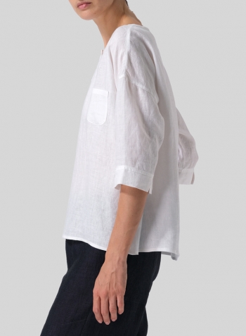 White Linen Loose Fit Elbow Sleeves Blouse