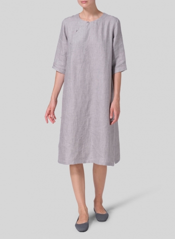 Two Tone Gray Jacquard Linen Tunic with Vintage Mandarin Knot