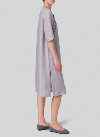 Two Tone Gray Jacquard Linen Tunic with Vintage Mandarin Knot