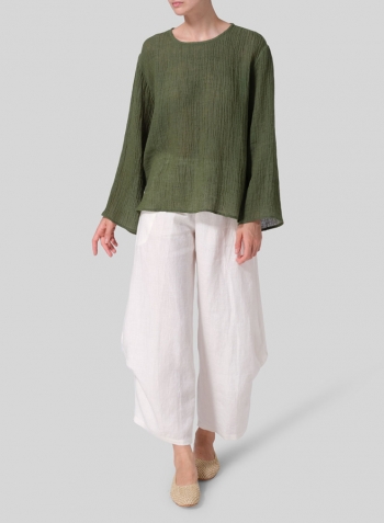 Dark Green Linen Gauze Long Sleeve Loose Fit Blouse