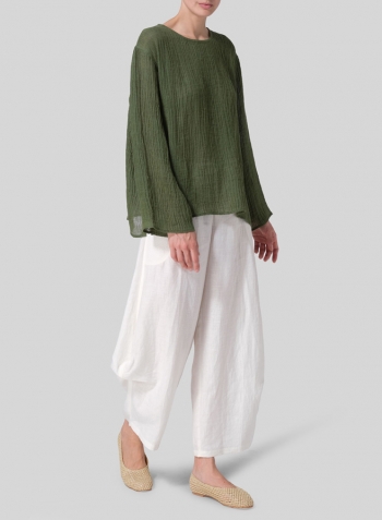 Dark Green Linen Gauze Long Sleeve Loose Fit Blouse