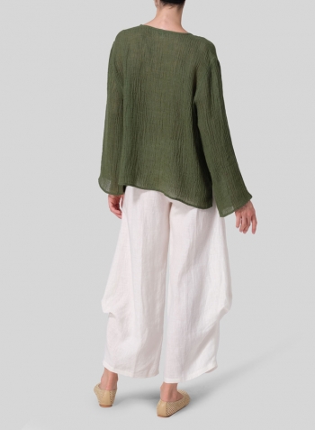 Dark Green Linen Gauze Long Sleeve Loose Fit Blouse