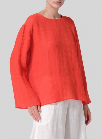 Orange Red Linen Gauze Long Sleeve Loose Fit Blouse