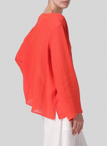 Orange Red Linen Gauze Long Sleeve Loose Fit Blouse