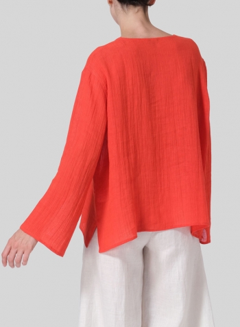 Orange Red Linen Gauze Long Sleeve Loose Fit Blouse