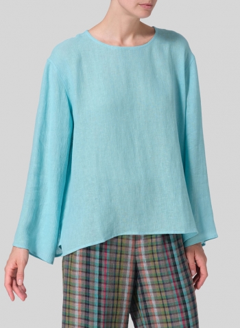 Turquoise Linen Gauze Long Sleeve Loose Fit Blouse