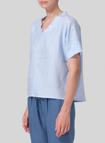 Light Blue Linen Sloped Shoulder Wide Boxy V-neck Cropped Top