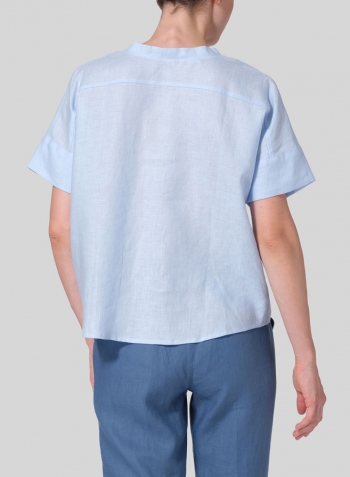 Light Blue Linen Sloped Shoulder Wide Boxy V-neck Cropped Top