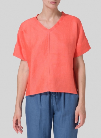 Coral Pink Linen Sloped Shoulder Wide Boxy V-neck Cropped Top